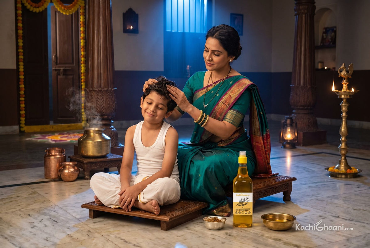 Mother massaging warm sesame oil into her son's hair before sunrise for abhyanga snan, with a silver bowl of utane beside them