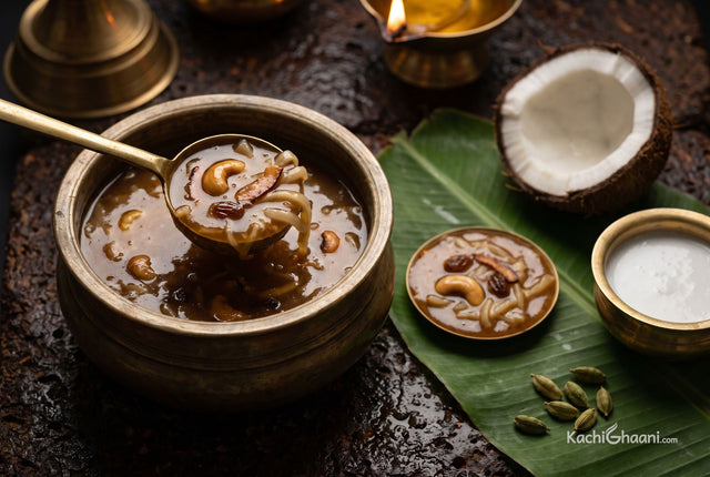 Dark jaggery payasam with rice ada, fried coconut slivers and cashews in a tin vessel