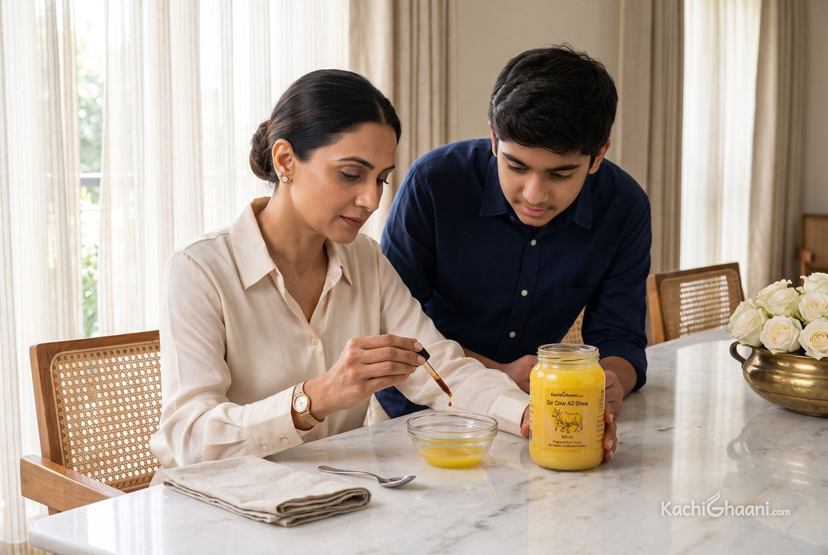 Mother showing her teenage son how to check for adulterated ghee at home with a drop of iodine in a bowl of melted ghee