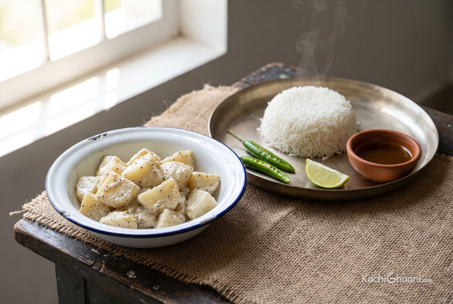 Creamy potato cubes in poppy seed paste served in a bowl with steamed rice