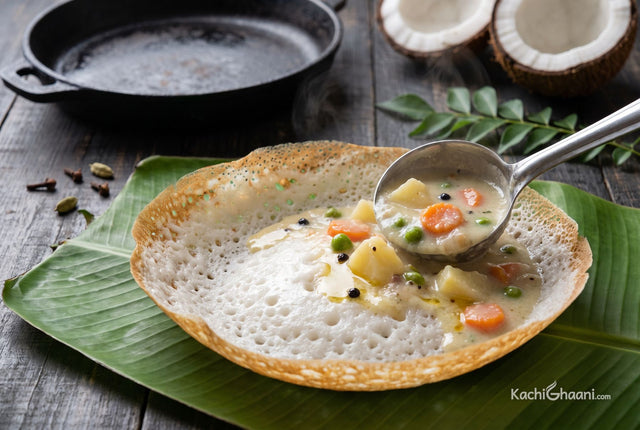Appam with Vegetable Stew, a single Kerala appam on a banana leaf