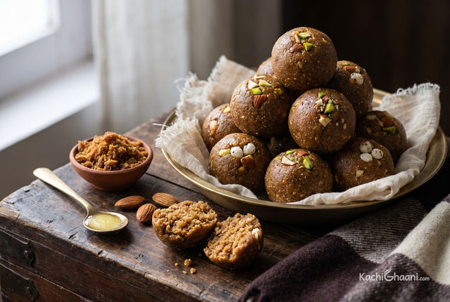 Round grainy wheat and ghee laddoos studded with almonds and pistachios on a bronze plate