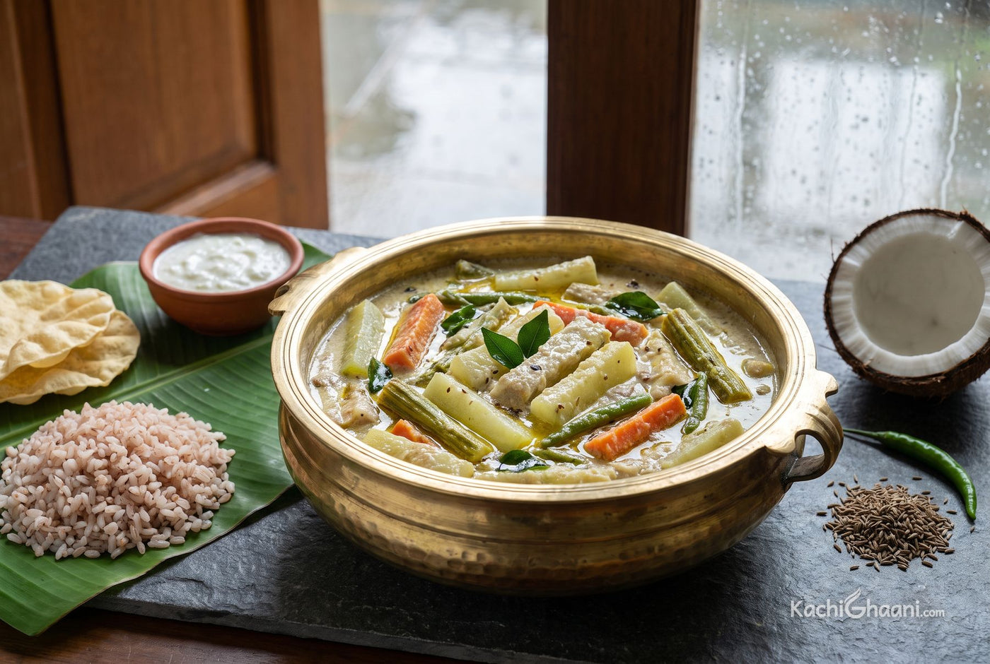 Mixed vegetable batons in a pale coconut and cumin coating, heaped in a brass uruli