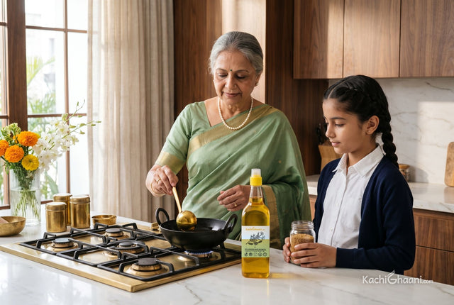 Ayurvedic diet at home: a grandmother starts a tadka with sesame oil in an iron kadhai as her granddaughter holds mustard seeds