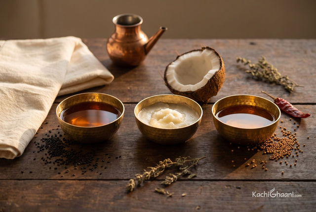 Three brass bowls of massage oil — amber sesame for vata, ivory coconut for pitta and golden mustard for kapha — with their seeds and a copper pot on a wooden table.