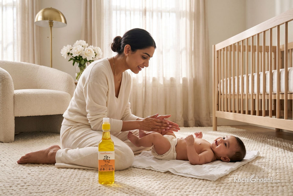 Mother warming oil between her palms before massaging her smiling baby on a soft rug: baby malish step by step