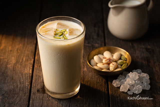 Badam ka Sharbat, a tall glass of badam sharbat on dark weathered wood