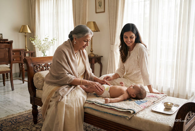 Grandmother gently massaging a baby's legs on a soft quilt as the mother watches, choosing the best oil for baby massage