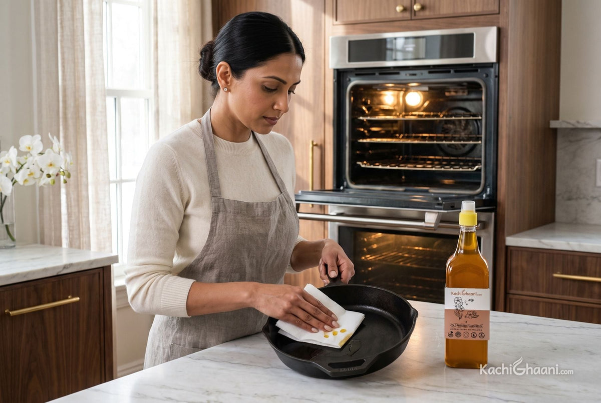 Best oil to season cast iron: a woman wipes a thin coat of flaxseed oil onto a skillet in a marble kitchen, oven open behind