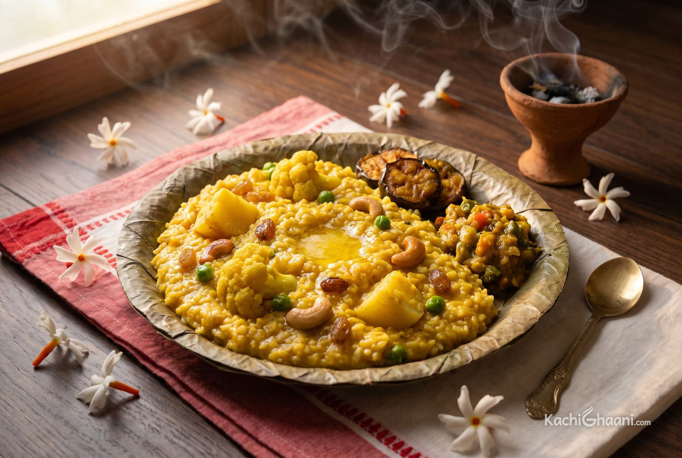 Golden khichuri with cauliflower, potato and cashews, melted ghee shining, served on a leaf plate