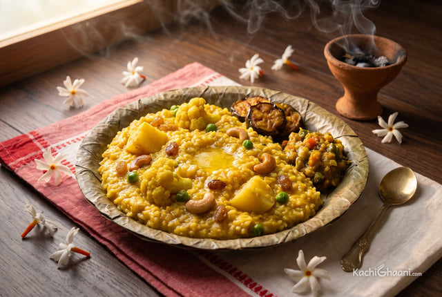 Golden khichuri with cauliflower, potato and cashews, melted ghee shining, served on a leaf plate