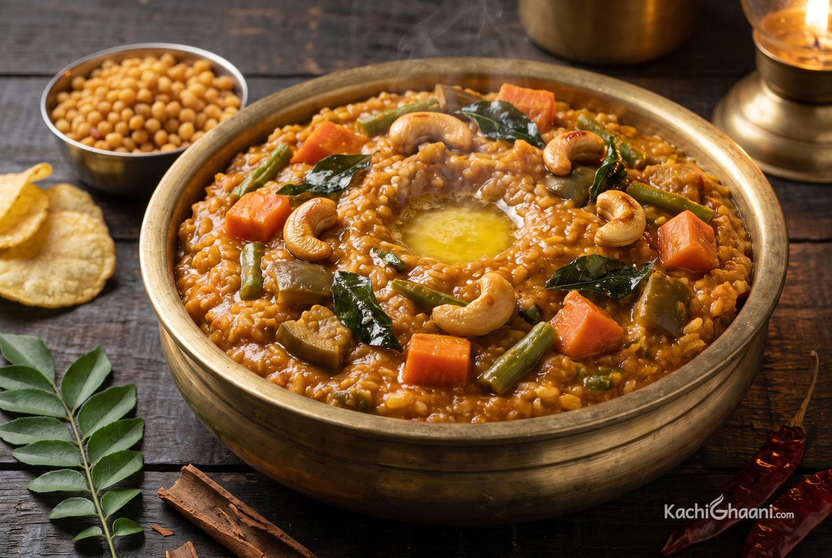 Bisi Bele Bath, a generous mound of thick brick-orange bisi bele bath in a heavy brass vessel, visible cubes of carrot