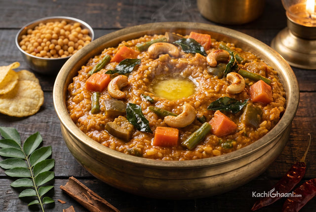 Bisi Bele Bath, a generous mound of thick brick-orange bisi bele bath in a heavy brass vessel, visible cubes of carrot