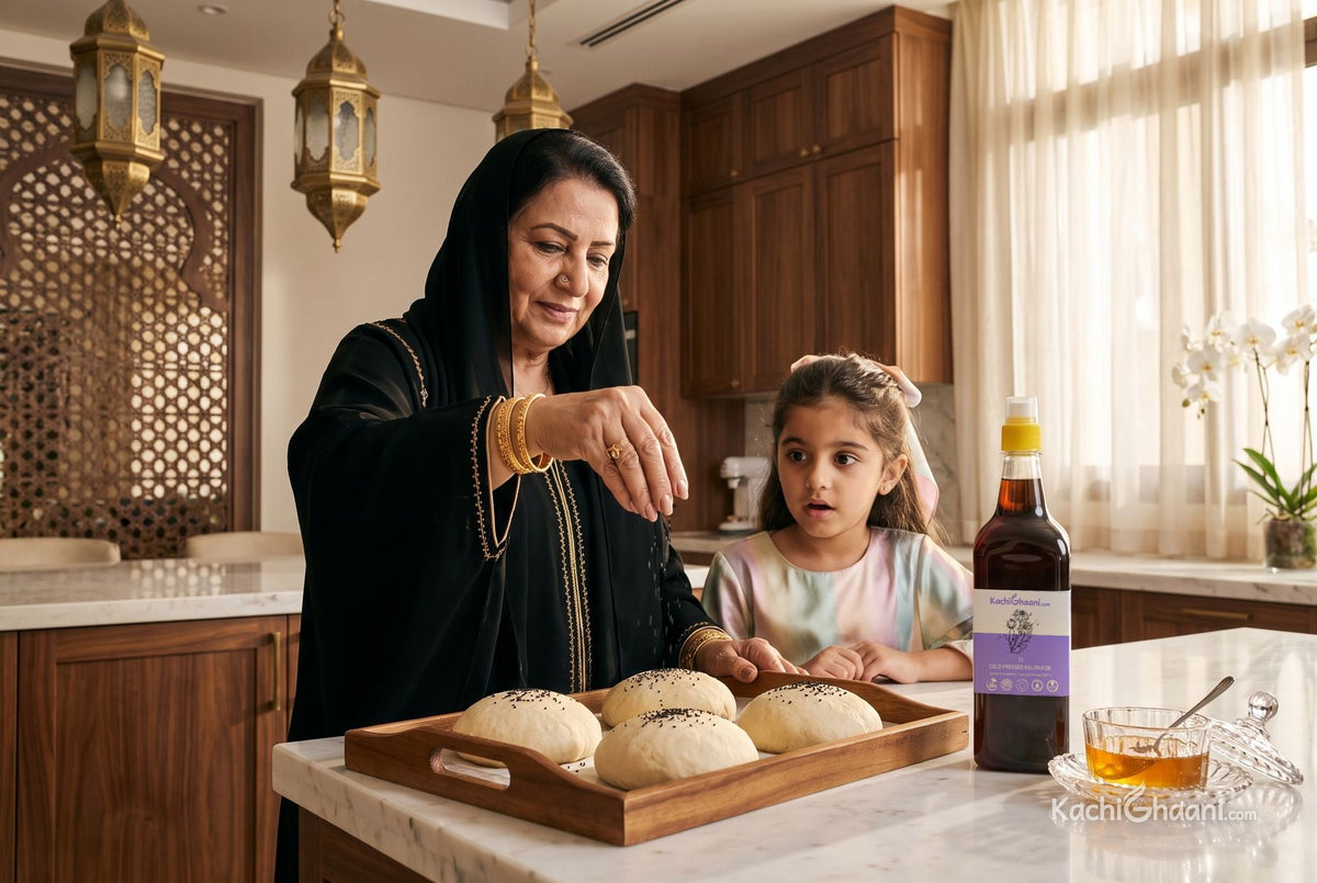 Emirati grandmother sprinkling black seed on bread dough as her granddaughter watches, a custom tied to the black seed hadith