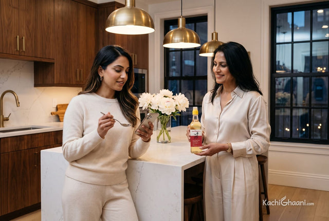 Can you drink castor oil? In an elegant kitchen, a woman holds up a closed castor oil bottle while her sister, phone and spoon in hand, considers a cleanse