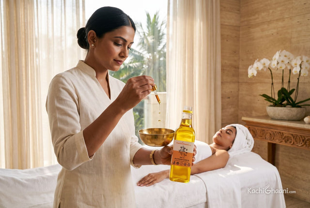 Spa therapist adding essential oil drops to almond oil in a brass bowl, showing how a carrier oil dilutes essential oils