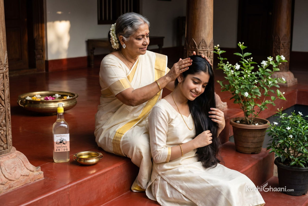 Grandmother in a Kerala home massaging coconut oil for hair into her granddaughter's long hair, a bottle and brass bowl beside them