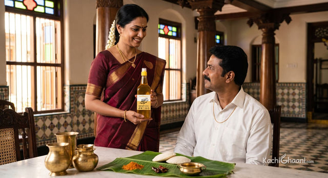 Tamil woman in a Chettinad home holding white sesame oil, nallennai, beside idlis with podi on a banana leaf