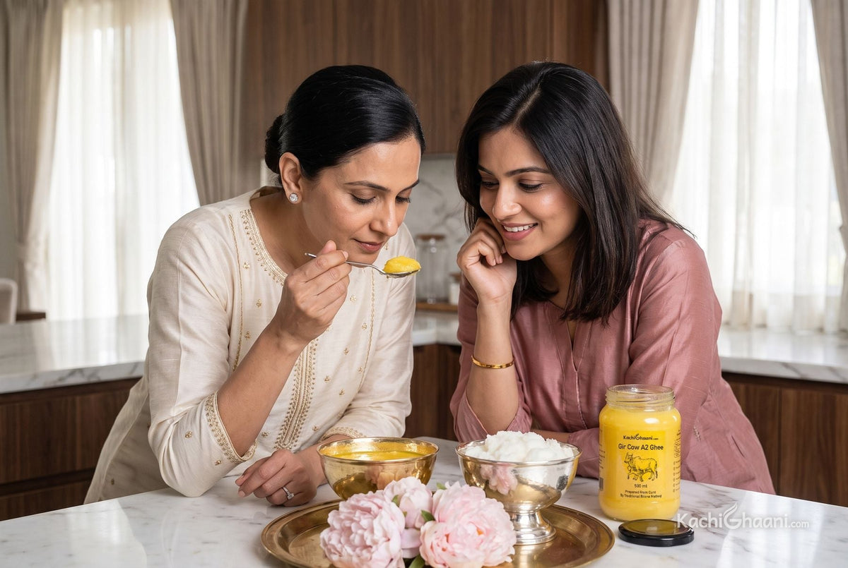 Two Indian women compare golden cow ghee vs buffalo ghee in silver bowls beside a jar of A2 ghee in a marble kitchen