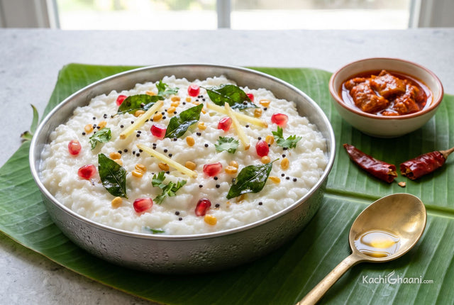 Curd Rice, cool white curd rice heaped in a shallow steel bowl, soft and slightly loose, with black mustard seeds