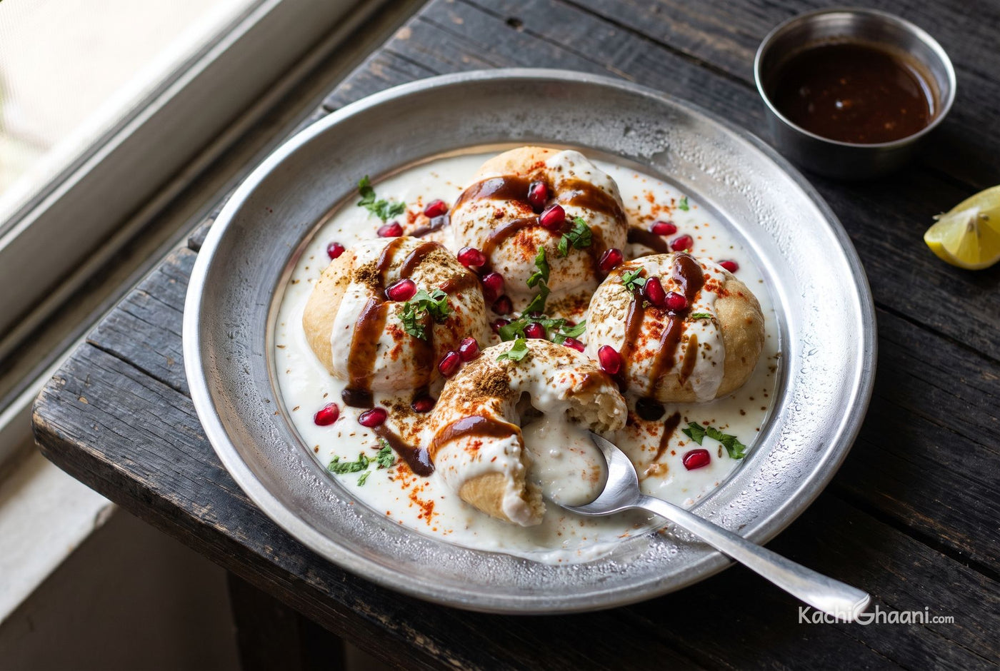Dahi Vada, plump pale golden urad dal vadas sitting low in thick chilled white curd on a wide steel plate