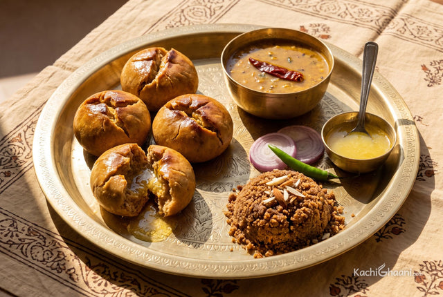 Dal Baati Churma, four round cracked wheat baati, deep golden with split tops