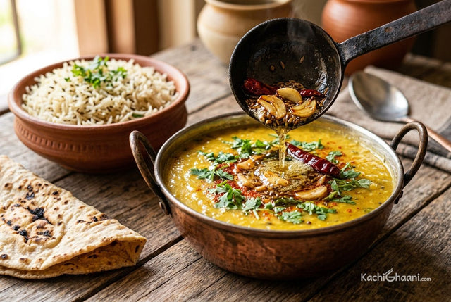 Dal tadka in a copper handi with a sizzling ghee tadka being poured on top