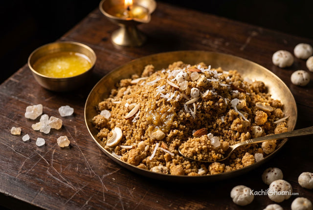 Dhaniya Panjiri, a shallow brass thali heaped with dhaniya panjiri on a dark weathered wooden table