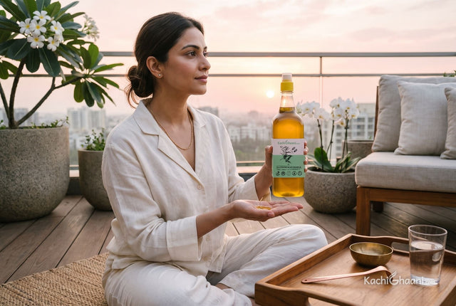 Woman on a Pune terrace at dawn with black sesame oil in her palm beside a copper tongue scraper, part of her dinacharya routine