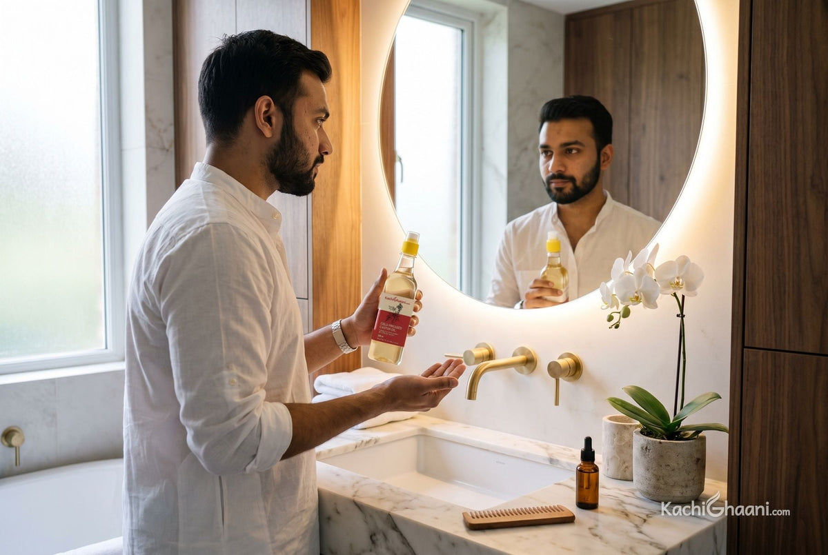 Young Indian man with a little castor oil in his palm at a marble basin, using castor oil for beard care before combing it through