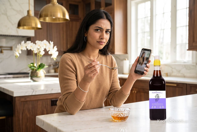 Woman holding a spoon of black seed oil while watching a parasite cleanse video, wondering: does black seed oil kill parasites?