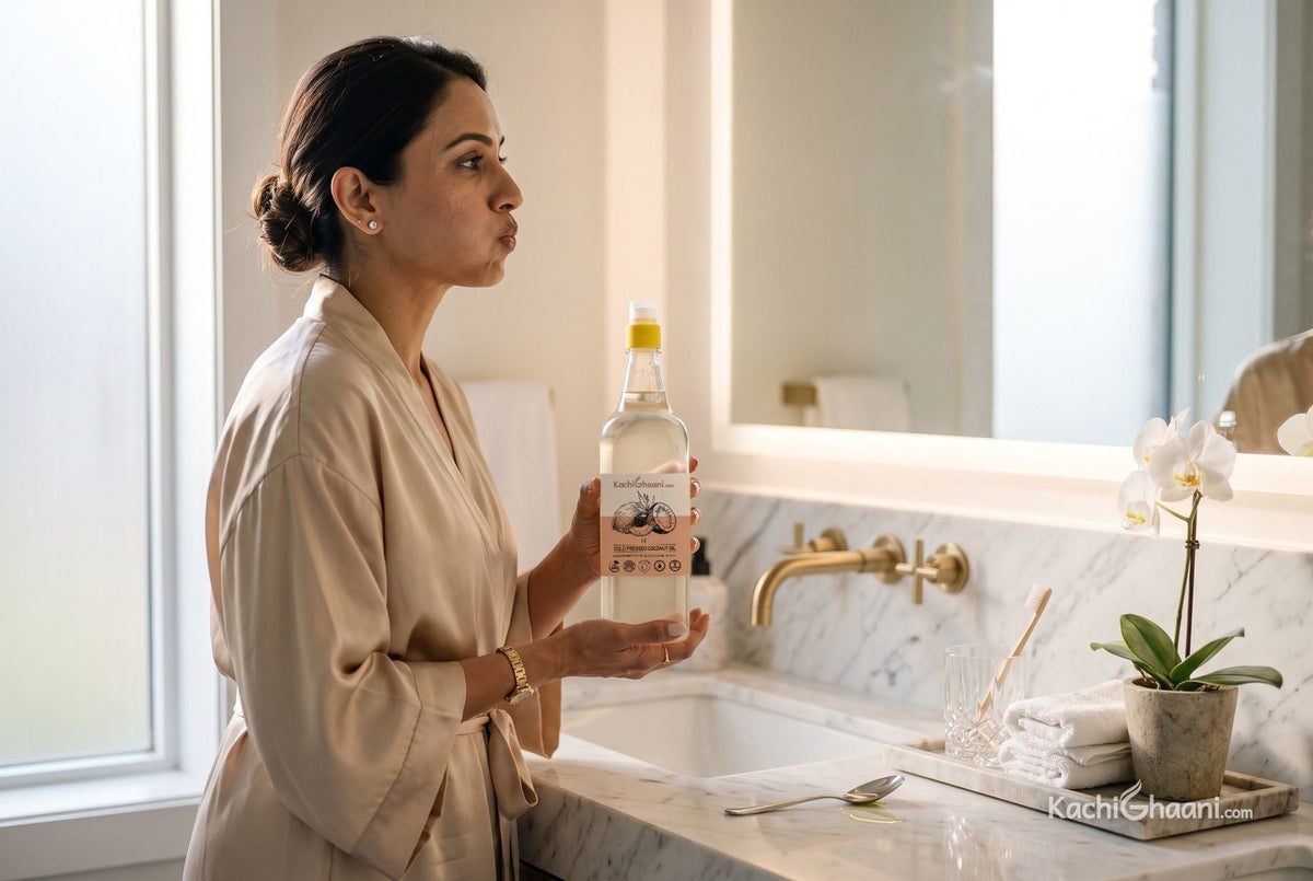 Woman oil pulling with coconut oil at a marble bathroom vanity, a morning habit behind the question: does coconut oil whiten teeth