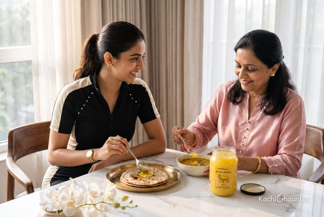 Is ghee good for weight loss? A young woman spreads a little ghee on a hot roti while her mother adds a spoonful to dal