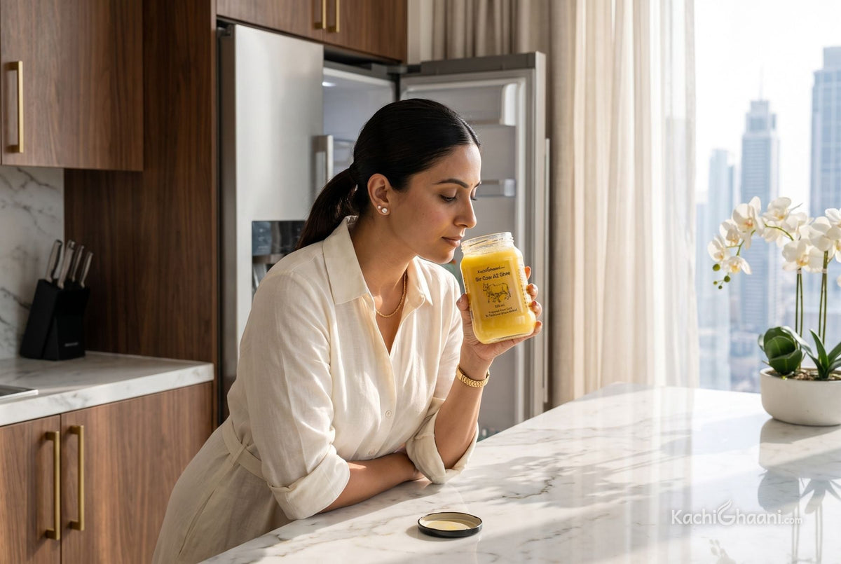 Woman in a Dubai kitchen smelling an open jar of ghee beside the fridge, wondering: does ghee need to be refrigerated