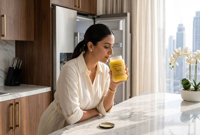 Woman in a Dubai kitchen smelling an open jar of ghee beside the fridge, wondering: does ghee need to be refrigerated