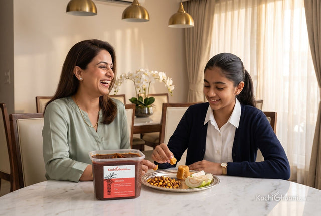 Mother and daughter share gur-chana at a marble table, a snack that raises the question: does jaggery contain iron?