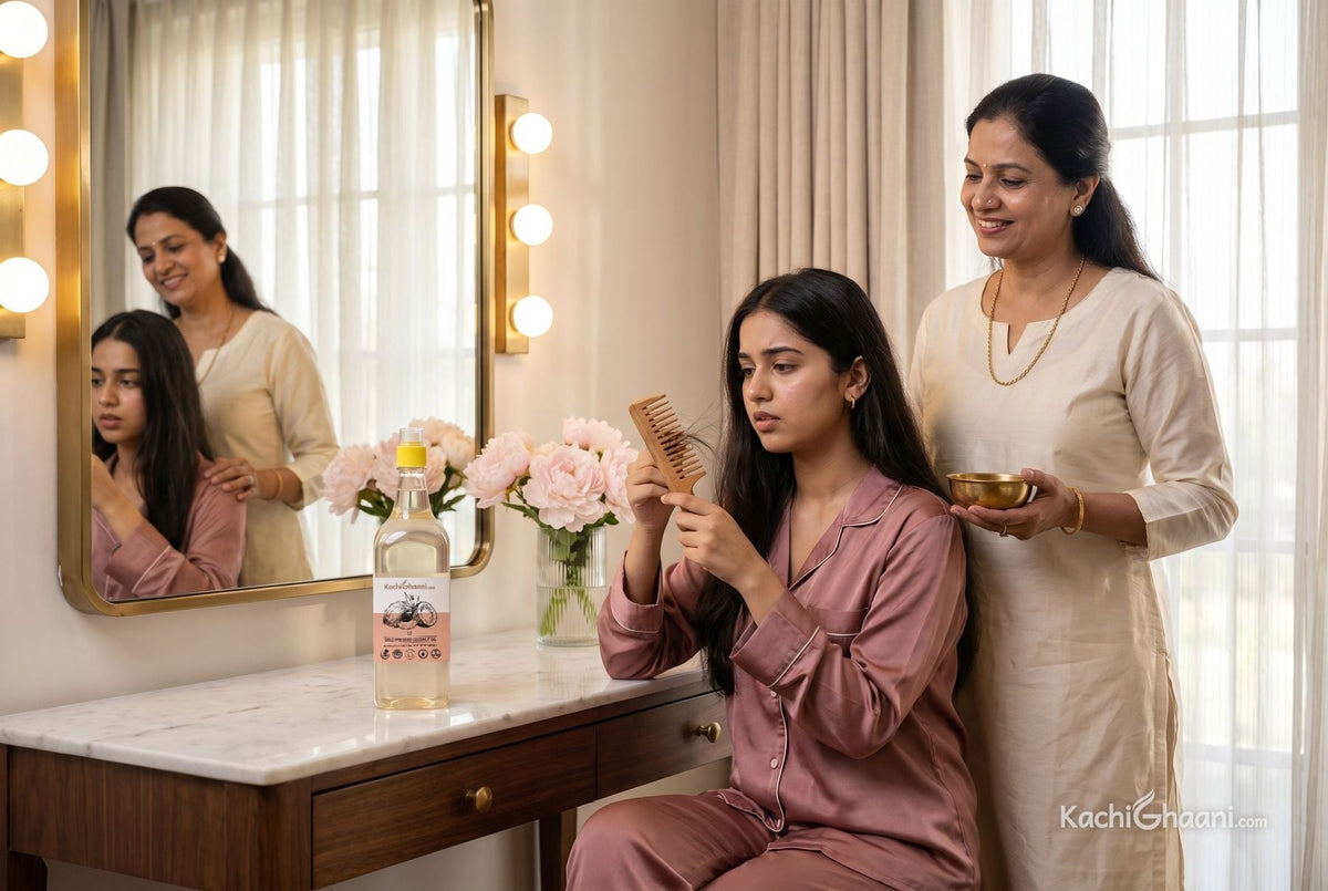 Student at a dressing table looking at hair on her comb as her mother holds warm oil: does oiling cause hair fall?