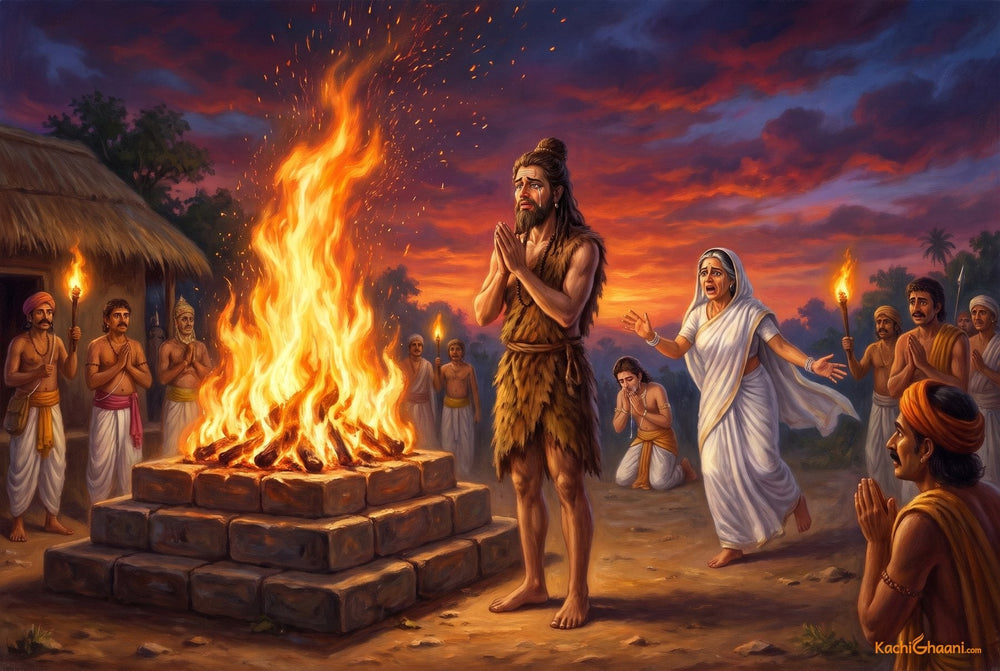 Bharat stands with folded hands before a sacred fire at Nandigram as Mother Kaushalya runs to stop him, on the last evening of Ram’s fourteen years in exile