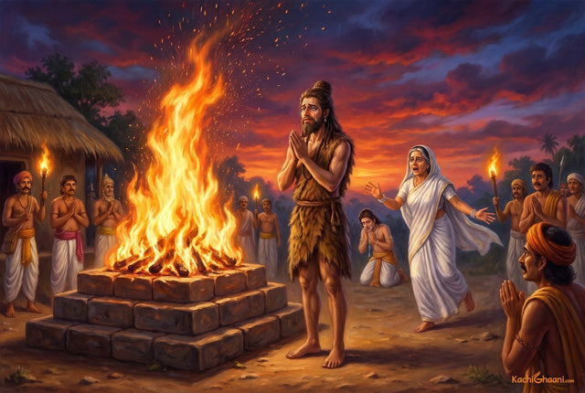 Bharat stands with folded hands before a sacred fire at Nandigram as Mother Kaushalya runs to stop him, on the last evening of Ram’s fourteen years in exile