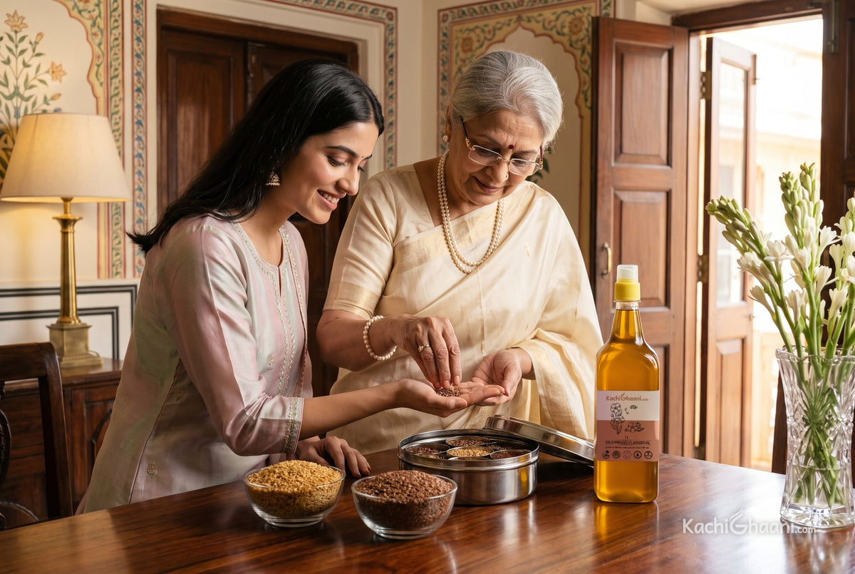 Grandmother pouring brown alsi seeds into her granddaughter's palm, explaining flaxseed in Hindi, with flaxseed oil beside them