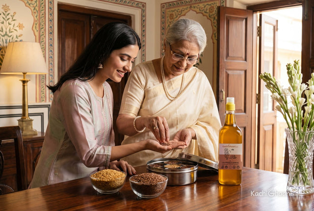 Grandmother pouring brown alsi seeds into her granddaughter's palm, explaining flaxseed in Hindi, with flaxseed oil beside them