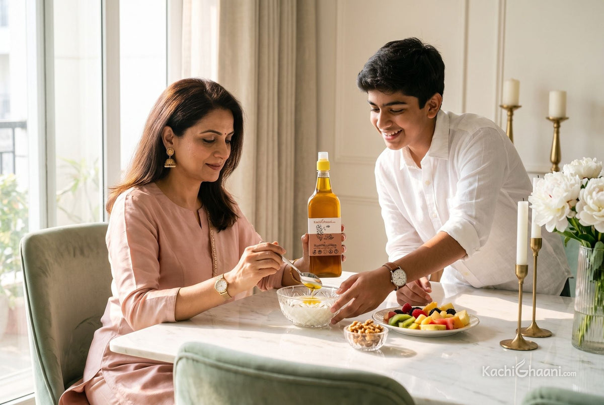 Indian mother stirring flaxseed oil into dahi as her son reaches for the bowl, comparing flaxseed oil vs fish oil at breakfast