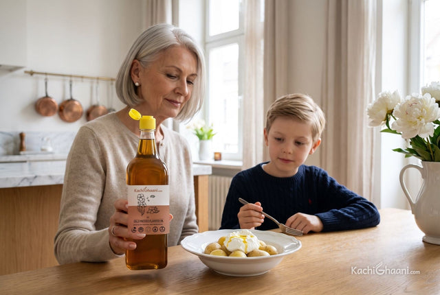German grandmother serving quark finished with flaxseed oil on potatoes, the German cousin of flaxseed oil and cottage cheese