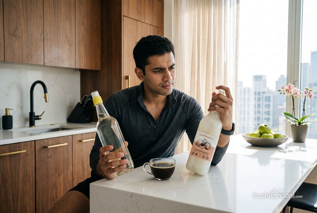 Young Indian man comparing a bottle of coconut oil with clear liquid oil, working out what is fractionated coconut oil, in a kitchen