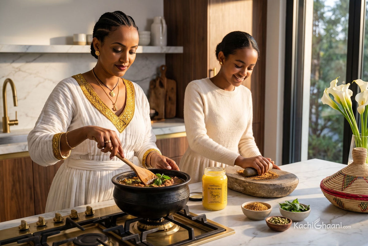 Ethiopian mother stirring spices into clarified butter for niter kibbeh in a clay pot as her daughter grinds spices beside her