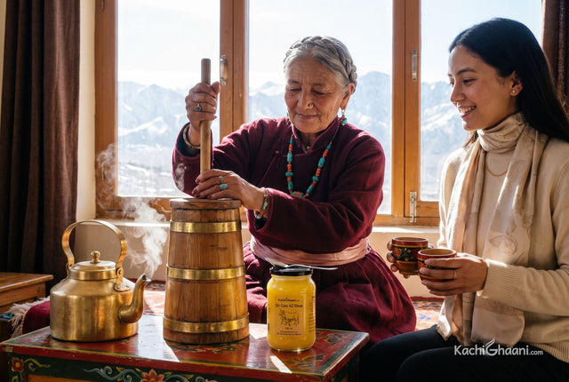 Ladakhi grandmother churning butter tea with ghee as her granddaughter holds out cups, the old roots of ghee coffee