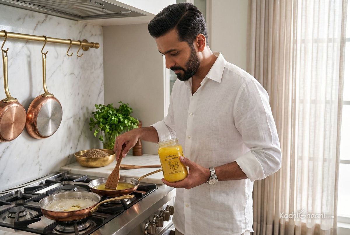 Man cooking with two copper pans, foaming butter in one and clear ghee in the other, comparing ghee vs butter at the stove