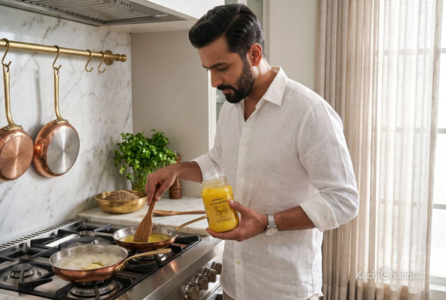Man cooking with two copper pans, foaming butter in one and clear ghee in the other, comparing ghee vs butter at the stove