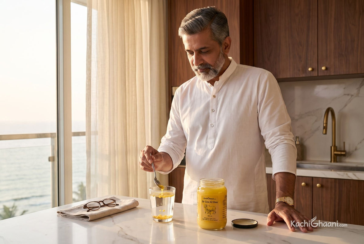 Ghee with warm water benefits: an Indian man in his fifties stirs a teaspoon of ghee into warm water at dawn in his Mumbai kitchen