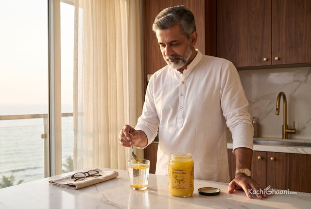 Ghee with warm water benefits: an Indian man in his fifties stirs a teaspoon of ghee into warm water at dawn in his Mumbai kitchen